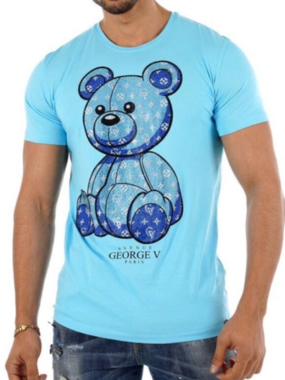 Avenue George V Paris T-Shirt Rhinestone Teddy Bear Men's Blue Tee Shirt XL NWT